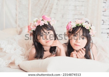 Young sisters wearing dresses and flower crowns