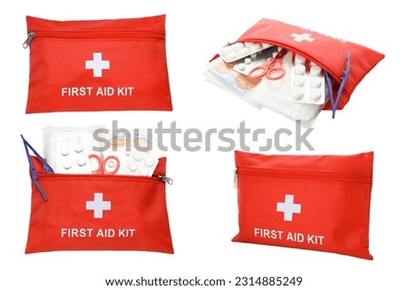 Collage with first aid kit on white background, different sides