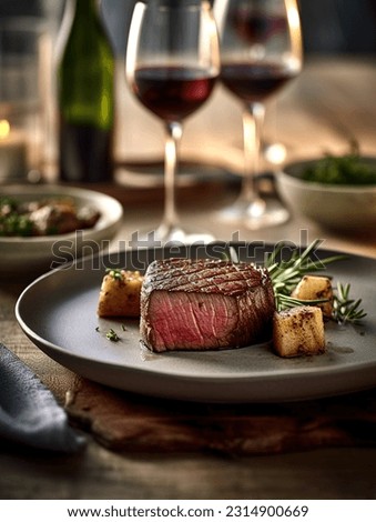 High quality close up of medium rare steak, creamy sauce Royalty-Free Stock Photo #2314900669