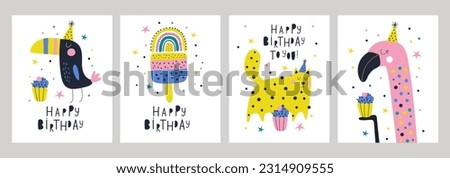 Happy birthday cards set with animals. Vector