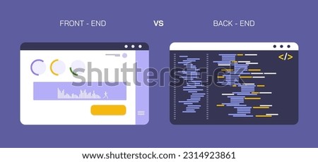 Front End vs. Back End Development. UI UX vs programming. coding and scripting education. front end developer vs back end programmer. Application and software development.  Royalty-Free Stock Photo #2314923861