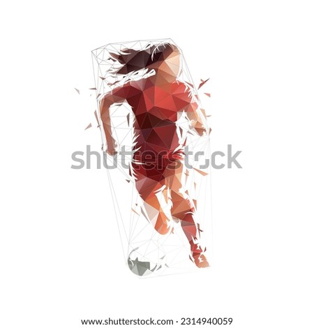 Female soccer player, low polygonal woman playing football, front view, isolated vector silhouette, geometric drawing from triangles Royalty-Free Stock Photo #2314940059