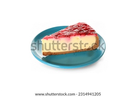 Plate with delicious cheesecake slice on white background Royalty-Free Stock Photo #2314941205