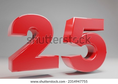 Volumetric glossy hot red 25 number symbol isolated on white background.