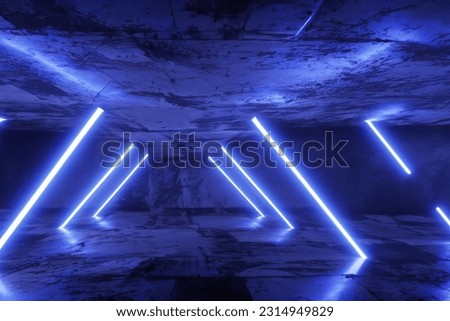 Futuristic Sci-Fi Modern Elegant Alien Dark Grunge Concrete Room With Classic Pantone Blue Glowing Triangle Shaped Neon Tubes Reflection Background 3D Rendering