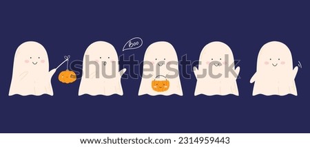 Set of cute Halloween ghosts. Vector illustration. Flat hand drawn style. Collection of Halloween characters.