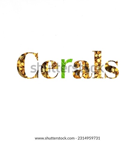 Cereals font design on white background. real vegetable seeds and leaf font.