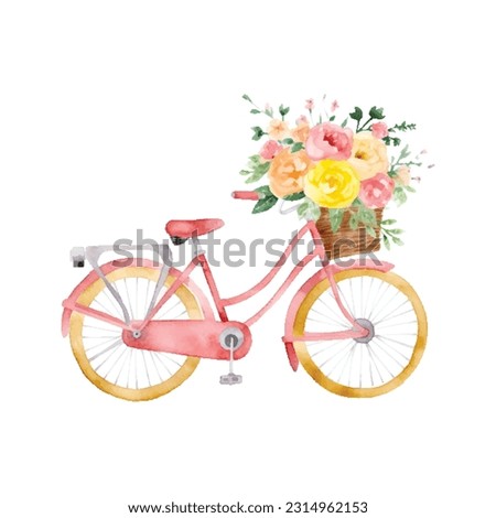 watercolor pink Bicycle with a basket of flowers