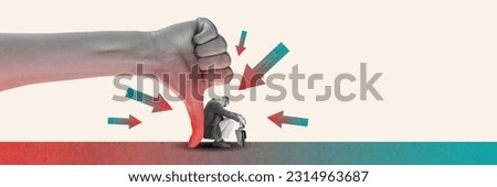Unsuccessful work. Sad, desperate man, employee sitting near giant hand showing gesture of disapproval. Failure. Contemporary art collage. Concept of business, office lifestyle, career. Ad Royalty-Free Stock Photo #2314963687