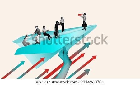New way. Business people, employees getting ready for new projects. Launching startups. Following creative ideas. Contemporary art collage. Concept of business, office lifestyle, career, teamwork Royalty-Free Stock Photo #2314963701