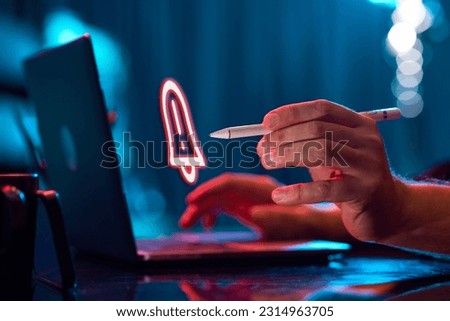 Businessman working on laptop. Digital, holographic icon of notification. Programming. Concept of business, modern technologies, network, digitalization Royalty-Free Stock Photo #2314963705