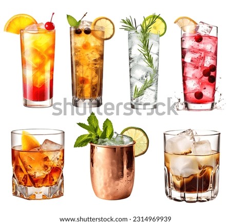 Alcohol Cocktail Mocktail. Many assorted different range types isolated on white background cutout.  Royalty-Free Stock Photo #2314969939