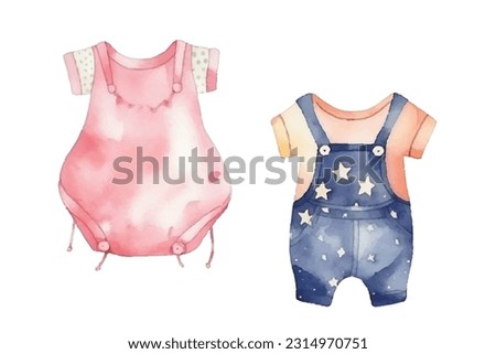 Vector watercolor clothes for a newborn girl and boy. pink and blue sliders isolated on white background