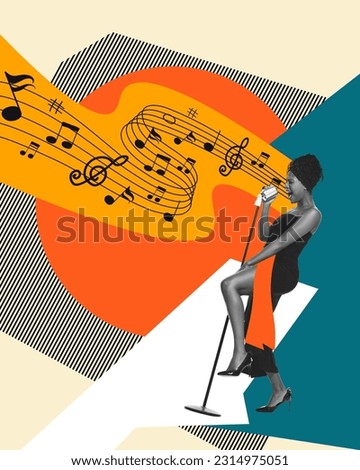 Talented young woman in black dress emotionally singing in microphone against multicolored abstract background. Contemporary art collage. Concept of music festival, creativity, inspiration, art, ad.