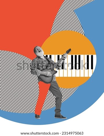 Senior man emotionally playing guitar and singing songs against multicolored abstract background. Contemporary art collage. Concept of music festival, creativity, inspiration, art, ad.