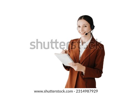 Serious call center operator in wireless headset talking with customer, woman in headphones with microphone consulting client on phone in customer support service in business center

