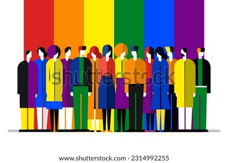 People standing together in the background of rainbow pride flag colours. Pride month celebration concept