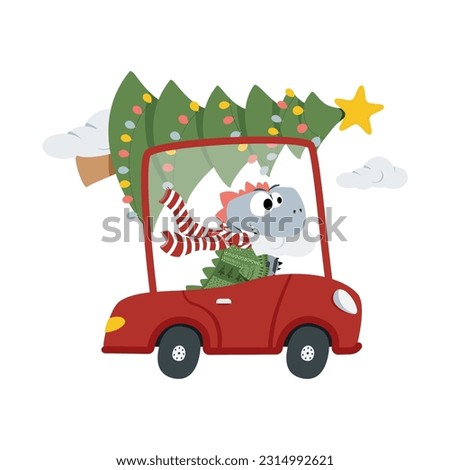 Cute dino illustration. Christmas Greeting Card with Santa Claus. Template for New 2024 Year Cards, Stickers. Adorable hand drawn kids dinosaur characters in car with Christmas tree.