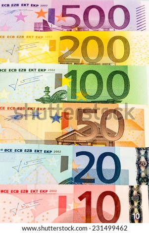 many different euro bills. photo icon for wealth and investment.