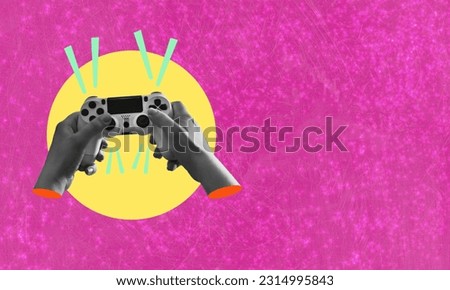 Art collage, hands with the game joystick on pink background with space for advertising. Concept of games and entertainment.