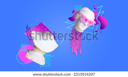 Antique statue bust in sunglasses against blue background with abstract elements. Breaking away. Contemporary art collage. Concept of creativity, inspiration, party, music, art and imagination. Ad