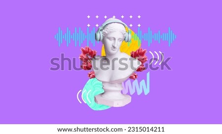 Music vibe. Antique statue bust in headphones against purple background with abstract elements. Dj. Contemporary art collage. Concept of creativity, inspiration, party, music, art and imagination. Ad Royalty-Free Stock Photo #2315014211