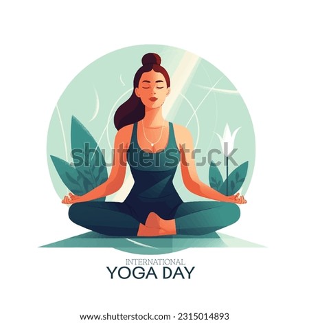 International Yoga Day. 21 June yoga day banner or poster with woman in lotus pose Royalty-Free Stock Photo #2315014893