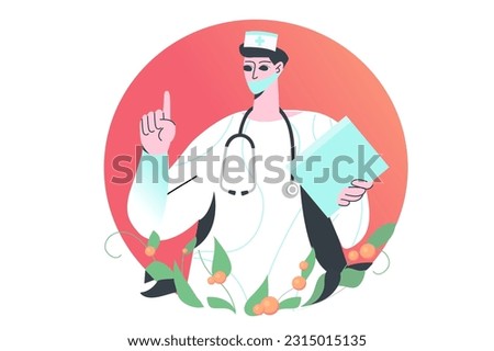 Doctor concept with people scene in the flat cartoon style. The doctor tells how to protect your health from diseases. Vector illustration.