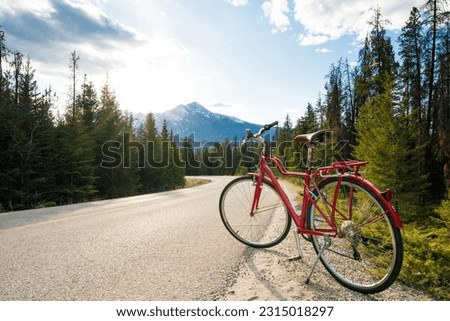 Biking in nature. Scenic bicycle trip along the alpine route. Maligne Lake Road. Jasper National Park, Alberta, Canada. Royalty-Free Stock Photo #2315018297