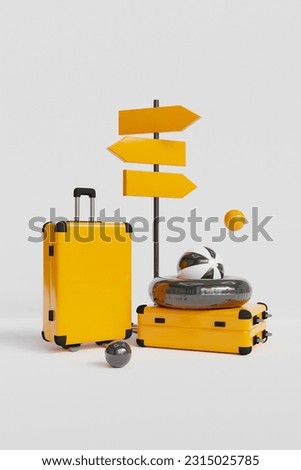 Vertical collage picture of summer baggage suitcase inflatable ring beach ball navigation direction sign isolated on white background