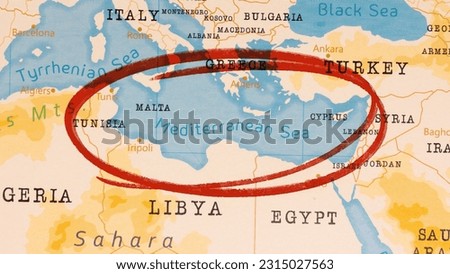 Mediterranean Sea marked with Red Circle on Realistic Map. Royalty-Free Stock Photo #2315027563