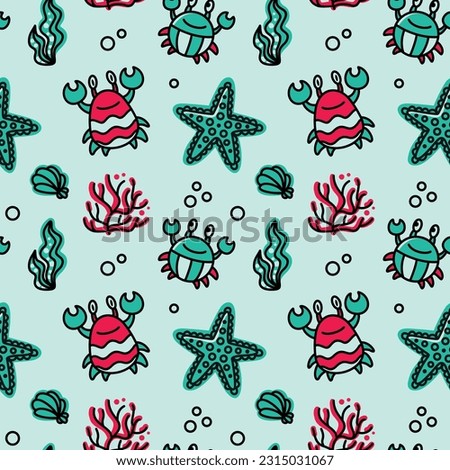 Funny crab and sea life. Children's print on a turquoise background. Seamless pattern.