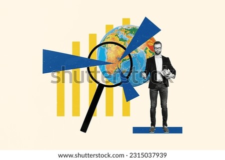 Collage of young tutor professional school teacher hold books pointer stick zoom magnifying glass geography isolated on beige background Royalty-Free Stock Photo #2315037939