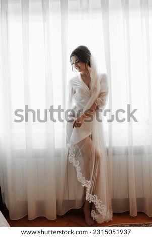 Portrait. A brunette bride in a peignoir, posing by the window, holding her lace long veil. Gorgeous make-up and hair. Voluminous veil. Wedding photo. Beautiful bride