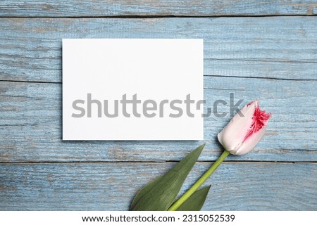 Card mockup, white blank wedding invitation with floral decor on bue wooden background. Greeting card mockup with pink fresh flowers on table