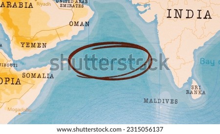 Arabian Sea marked with Red Circle on Realistic Map. Royalty-Free Stock Photo #2315056137