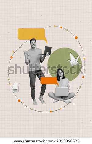 Image artwork collage sketch picture template of funky crazy cheerful couple working together chatting texting online rejoice win victory