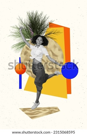 Photo collage artwork minimal picture of smiling happy lady enjoying walking beach isolated graphical background