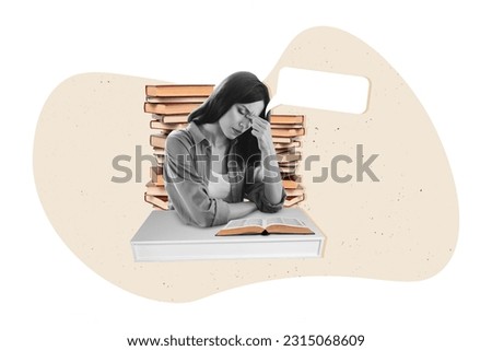 Collage 3d photo sketch poster banner billboard of tired stressed depressed woman sitting classroom translating book preparing test exam