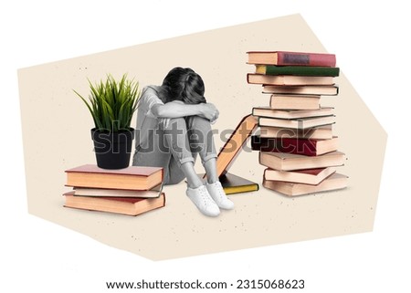 Picture collage 3d sketch poster of disappointed girl sitting library preparing exam reading many books isolated on drawing background