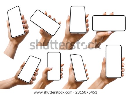 A set including a woman hand holding a generic modern smartphone with a blank screen in various positions, comprising perspective, vertical, and horizontal versions Royalty-Free Stock Photo #2315075451