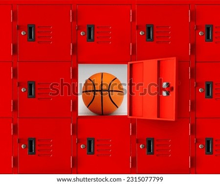 Basketball in a red locker or an open gym locker. Royalty-Free Stock Photo #2315077799