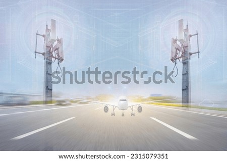 Telecommunication tower with 5G cellular network . Global connection and internet network concept with aircraft landing. Dispute with airlines over interference between wireless .