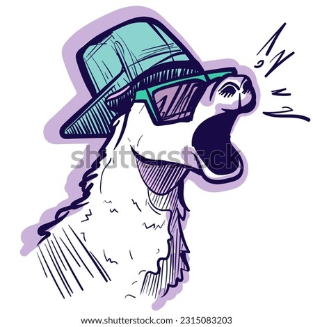 Digital art of a graffiti hip hop llama with sunglasses screaming. Vector of a cool alpaca with a gangsta hat Royalty-Free Stock Photo #2315083203