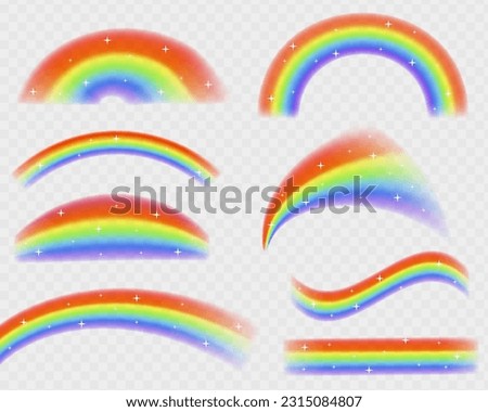 Rainbows in different shape realistic set. Shiny stars with glitter effect. Vector illustration. Rainbow effect for your design and business.