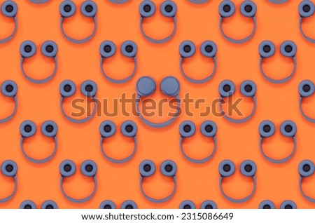 Pattern with blue headphones on a orange color background. Seamless pattern with Wireless headphones. Headphones in the shape of a smile. 