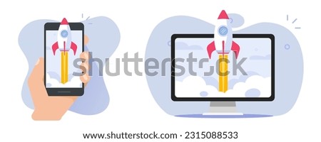 Rocket launch vector as new startup internet project on computer pc and mobile cell phone app graphic flat illustration, boost release cellphone smartphone software service clipart 