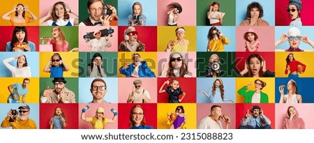 Collage made of portraits of people of different age and gender showing diversity of emotions over multicolored background. Concept of human emotions, youth, lifestyle, facial expression. Ad Royalty-Free Stock Photo #2315088823