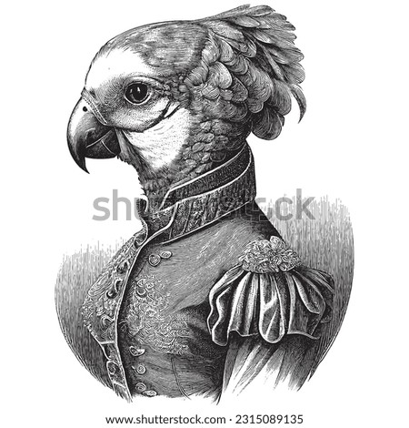 Hand Drawn Engraving Pen and Ink Parrot Portrait Dressed in Victorian Era Vintage Vintage Vector Illustration Royalty-Free Stock Photo #2315089135