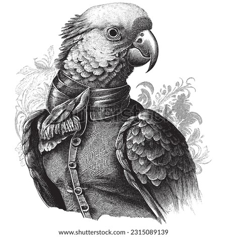 Hand Drawn Engraving Pen and Ink Parrot Portrait Dressed in Victorian Era Vintage Vintage Vector Illustration Royalty-Free Stock Photo #2315089139